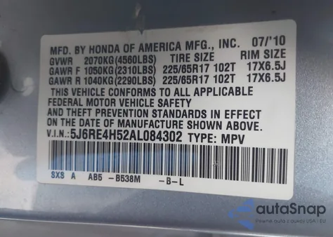 2010 Honda Cr-V Ex z USA, uszkodzony, nr VIN 5J6RE4H52AL084302